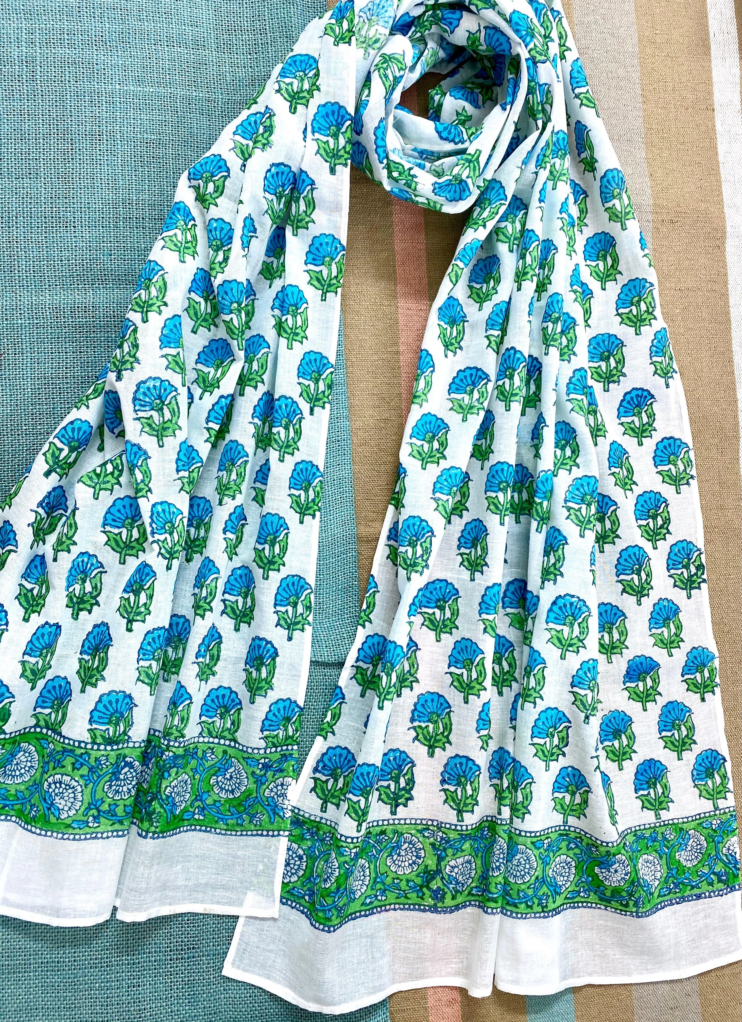 Blue Green Block Printed Muslin Scarf