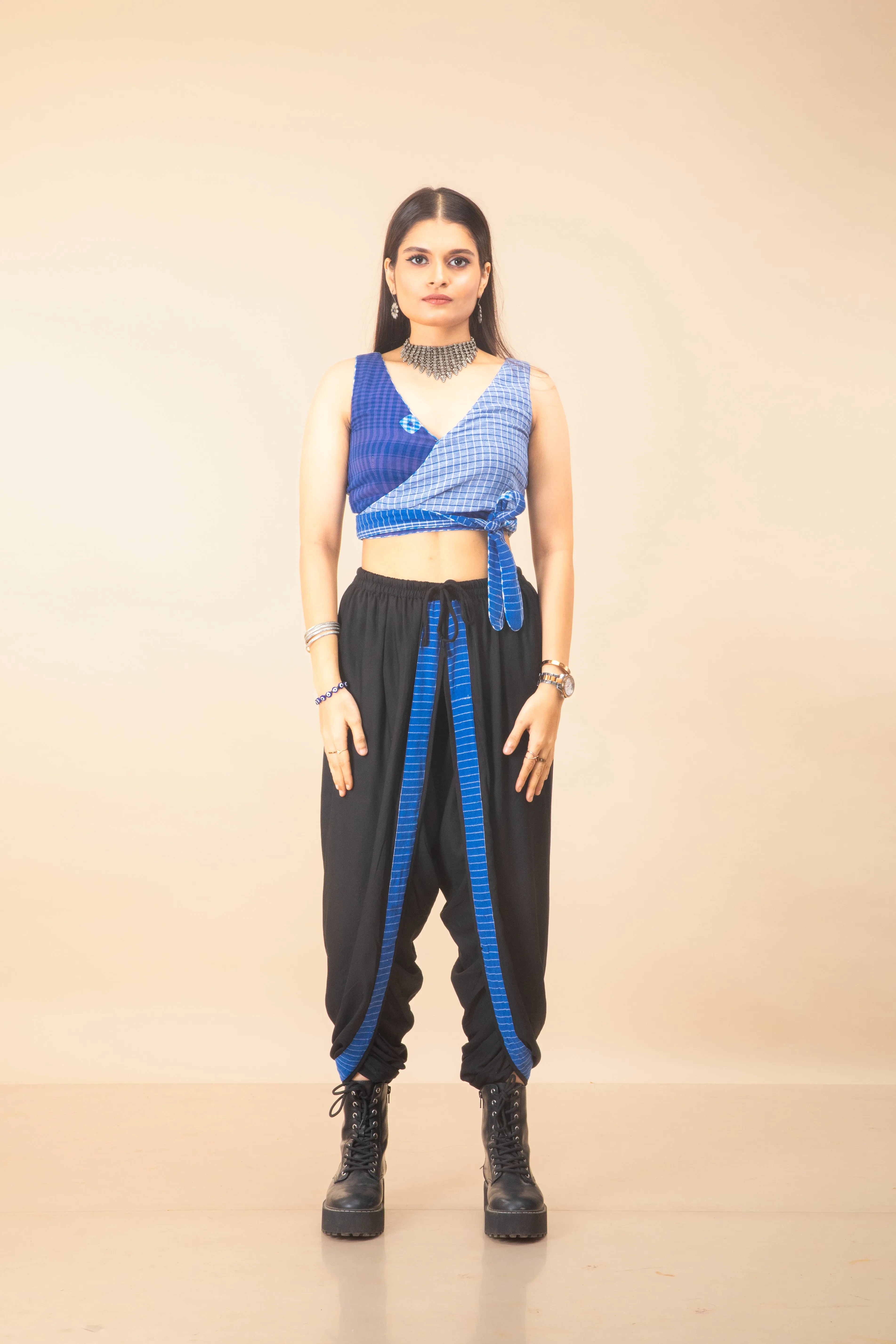 Blue Reversible Bustier   Black/Blues Dual Dhoti Set