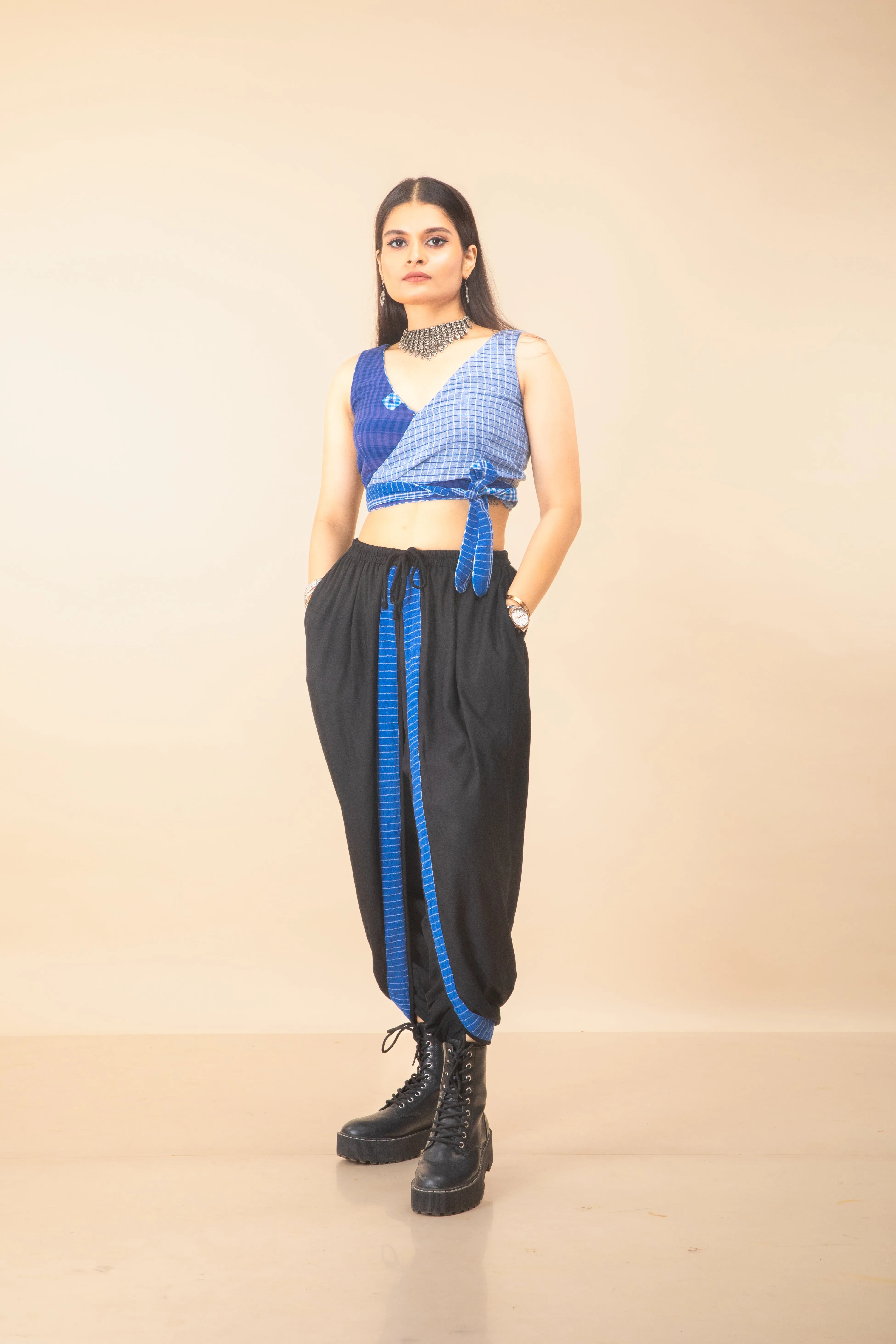 Blue Reversible Bustier   Black/Blues Dual Dhoti Set