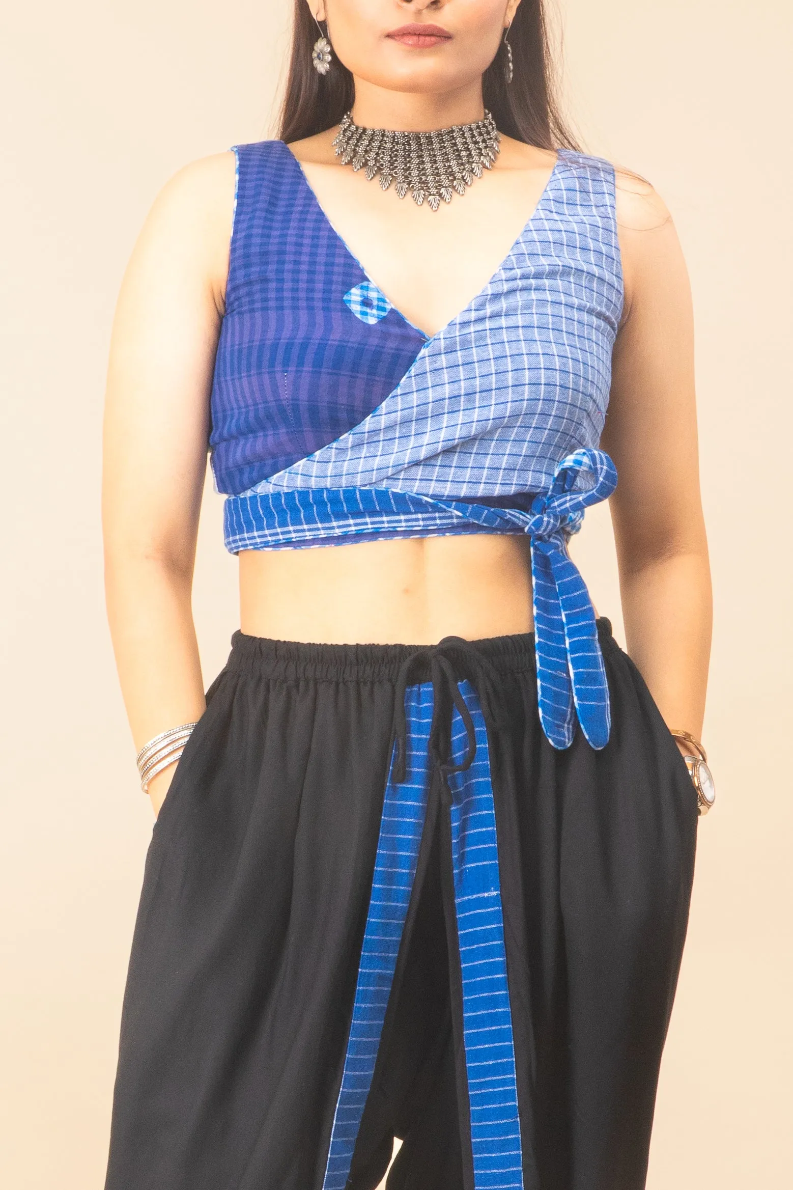 Blue Reversible Bustier   Black/Blues Dual Dhoti Set