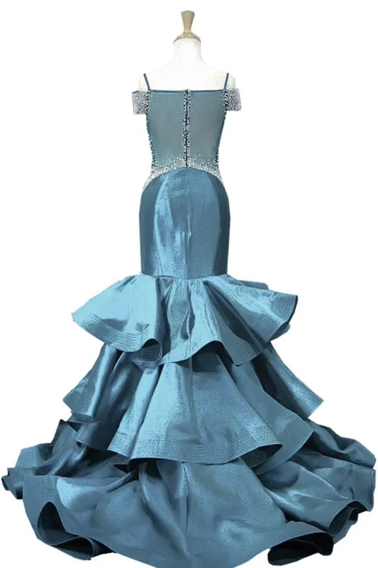 Blue Satin V Neck Spaghetti Long Layered Mermaid Prom Dress