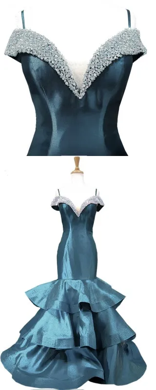 Blue Satin V Neck Spaghetti Long Layered Mermaid Prom Dress
