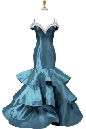 Blue Satin V Neck Spaghetti Long Layered Mermaid Prom Dress