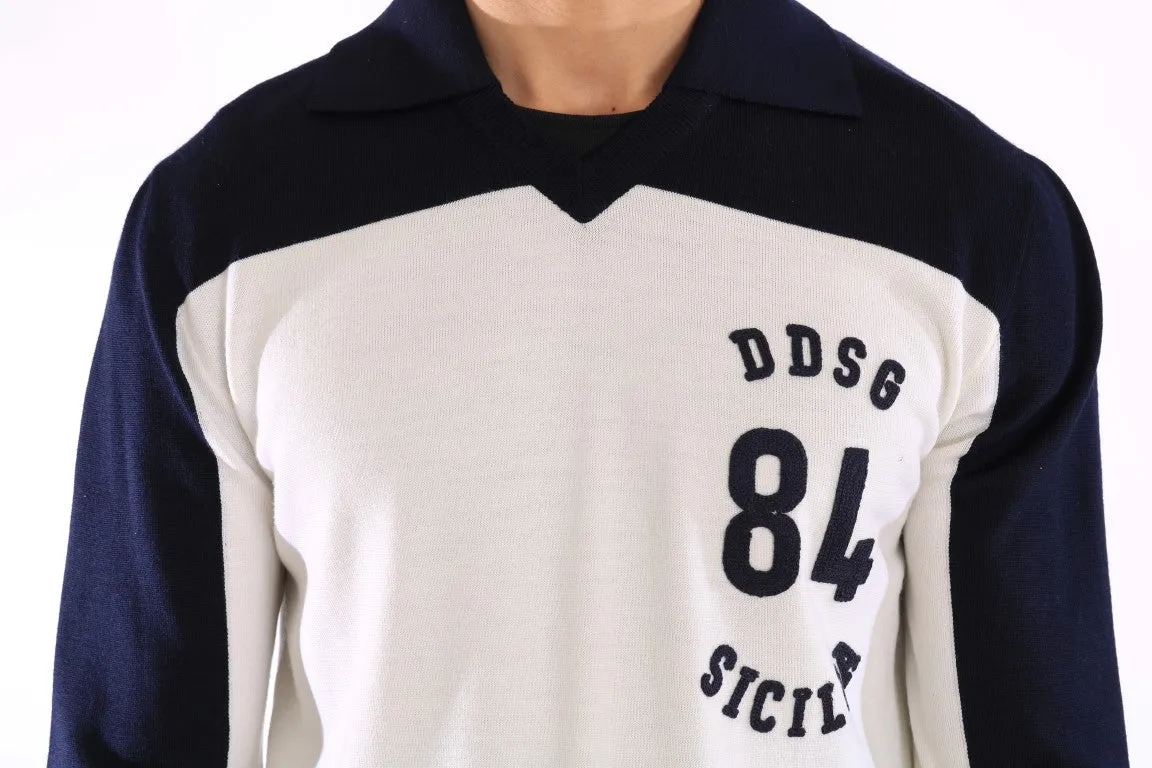 Blue White Wool Crewneck Pullover Sweater