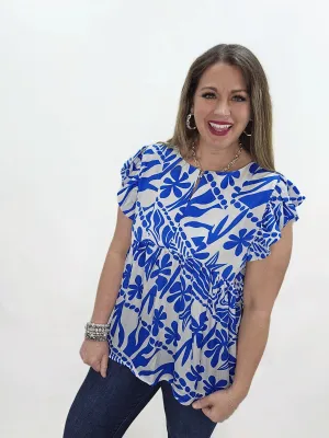 BLUE/WHITE FLORAL SILKY FLUTTER SLEEVE TOP