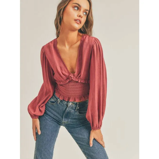 Blushing Smocked Ruffle V Neckline Top