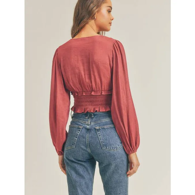 Blushing Smocked Ruffle V Neckline Top