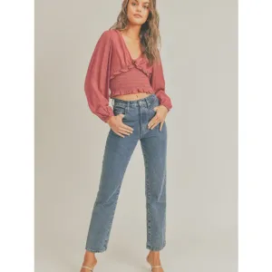 Blushing Smocked Ruffle V Neckline Top