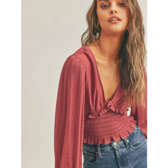 Blushing Smocked Ruffle V Neckline Top