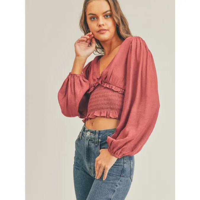 Blushing Smocked Ruffle V Neckline Top