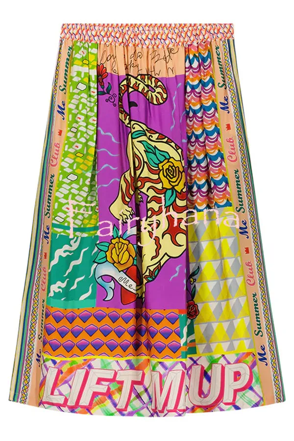 Boho Chic Satin Colorful Unique Print Elastic Waist Pocket Vacation Midi Skirt