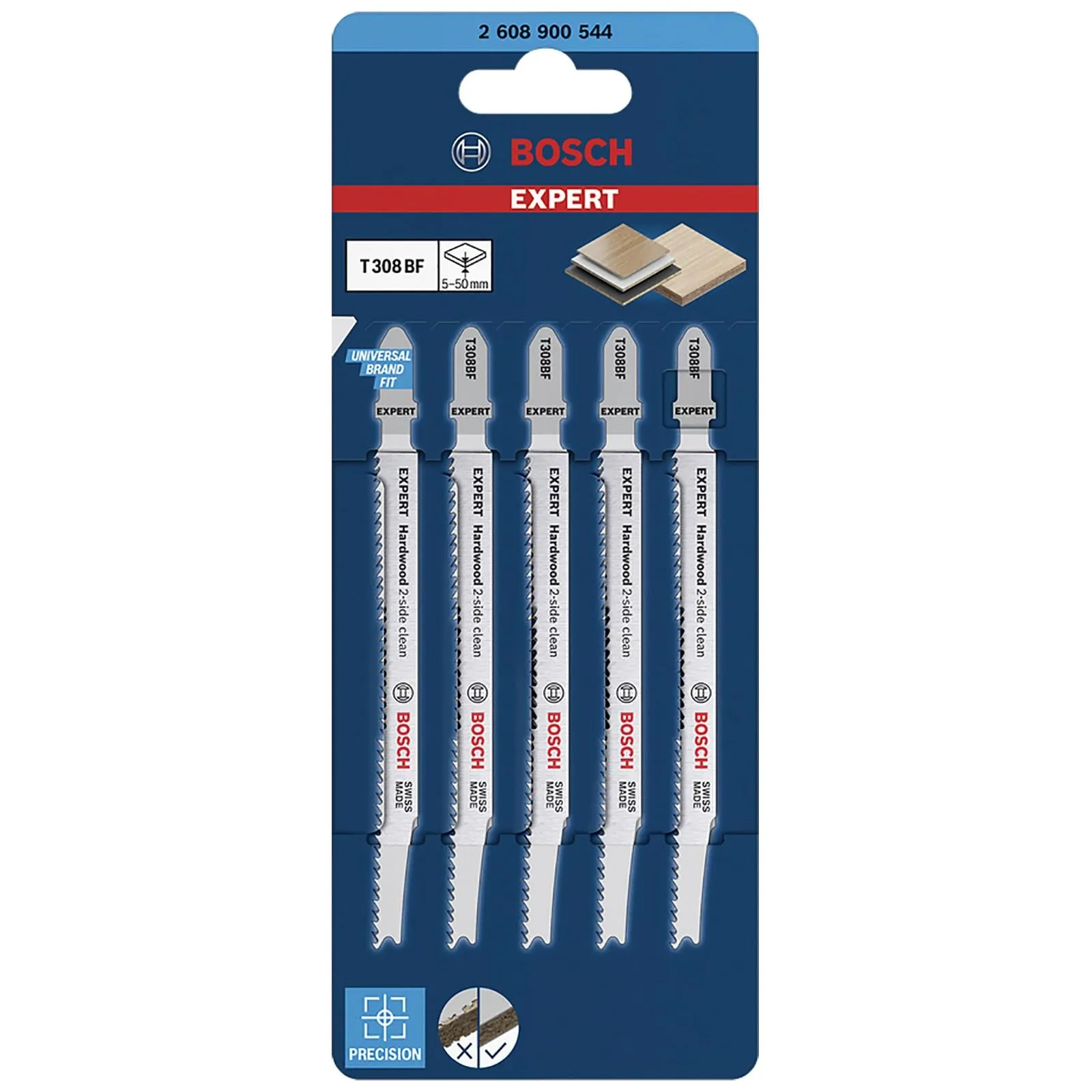 Bosch EXPERT Jigsaw Blades 5 Piece T308BF Hardwood 2 Side Clean 117mm