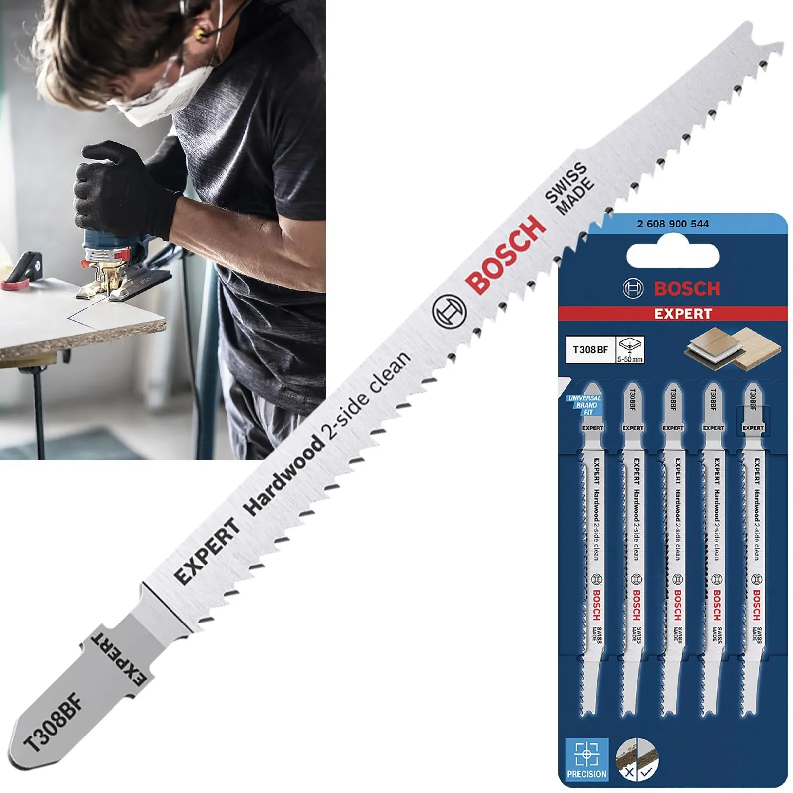 Bosch EXPERT Jigsaw Blades 5 Piece T308BF Hardwood 2 Side Clean 117mm