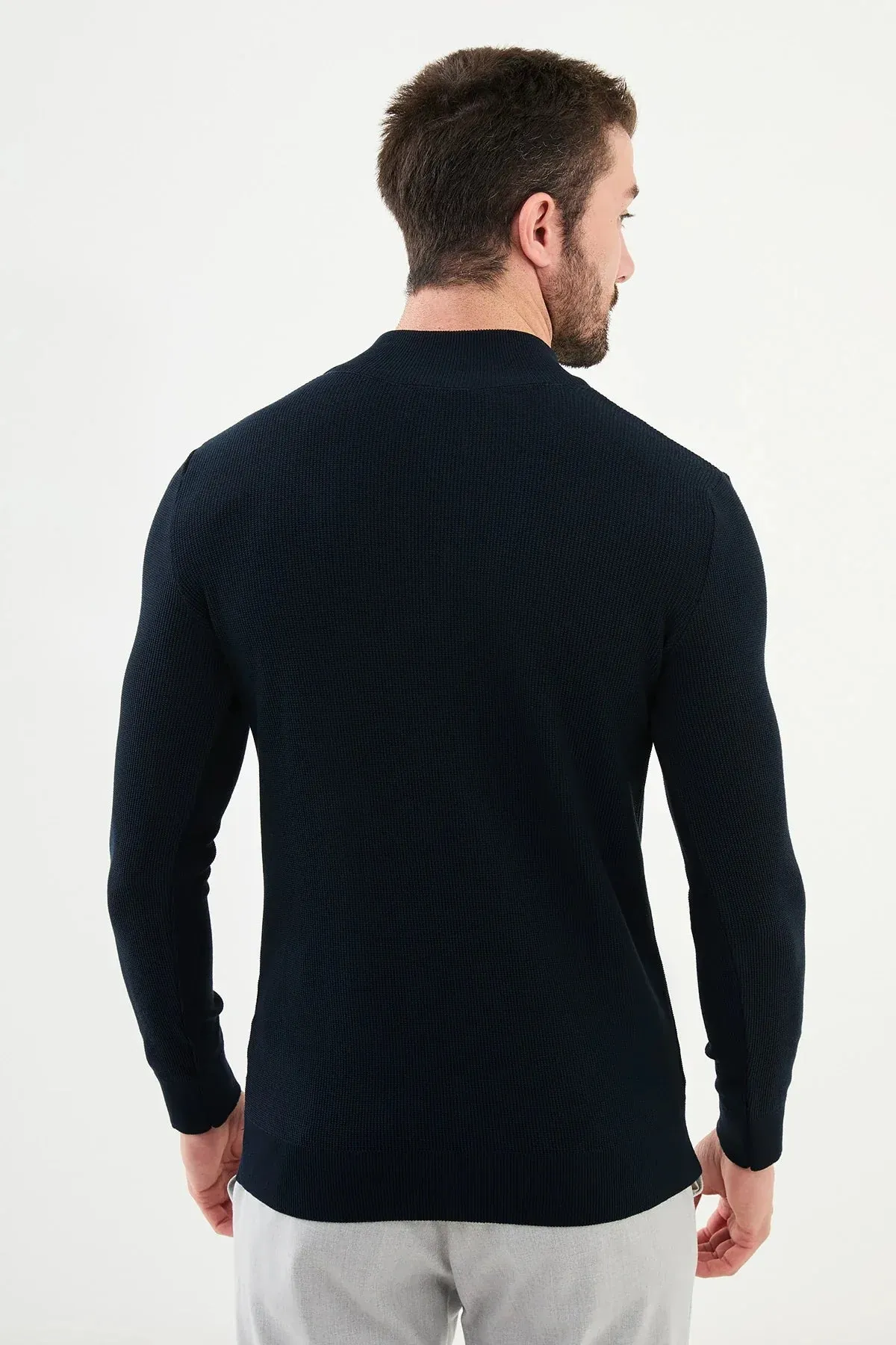 Brabion Marco Textured Slim Fit Zippered Half Turtleneck Navy Blue Knitwear Sweater