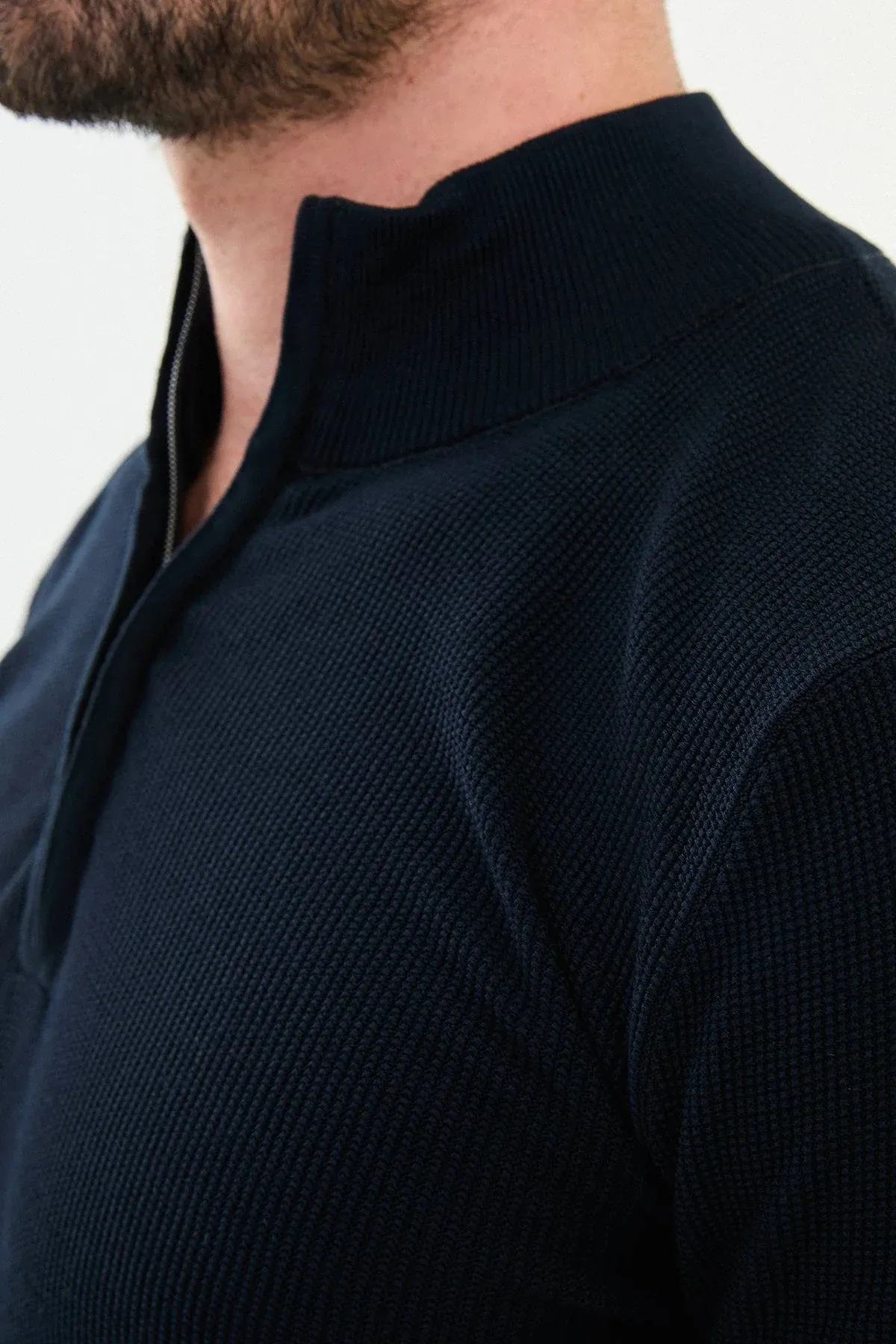 Brabion Marco Textured Slim Fit Zippered Half Turtleneck Navy Blue Knitwear Sweater