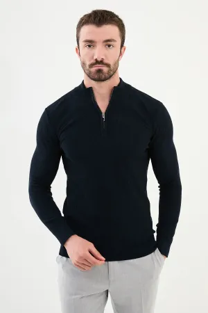 Brabion Marco Textured Slim Fit Zippered Half Turtleneck Navy Blue Knitwear Sweater