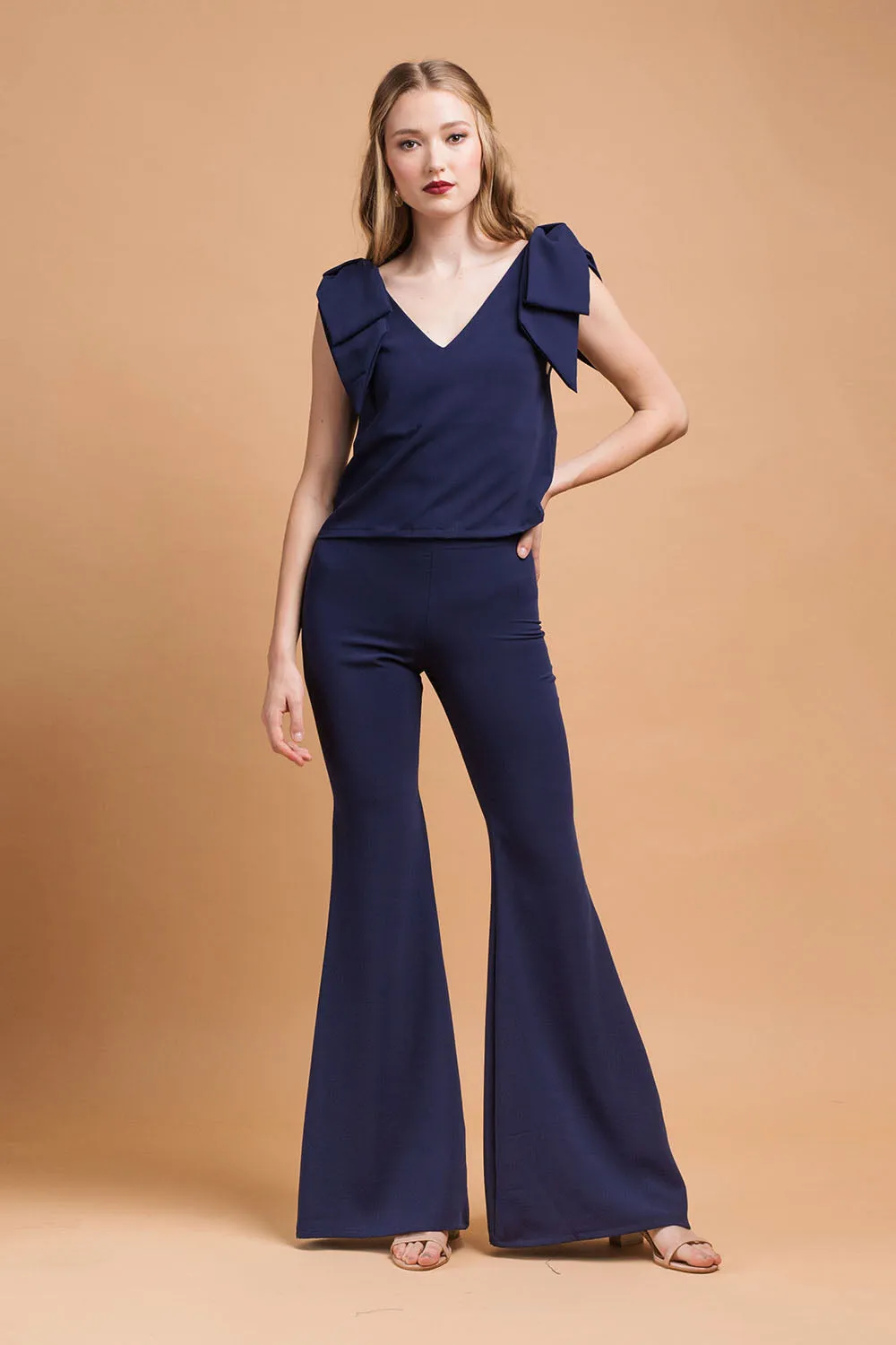 BUENA SET Bow Top with V Neckline and Flared High Waist Pant (Midnight Blue Crepe)
