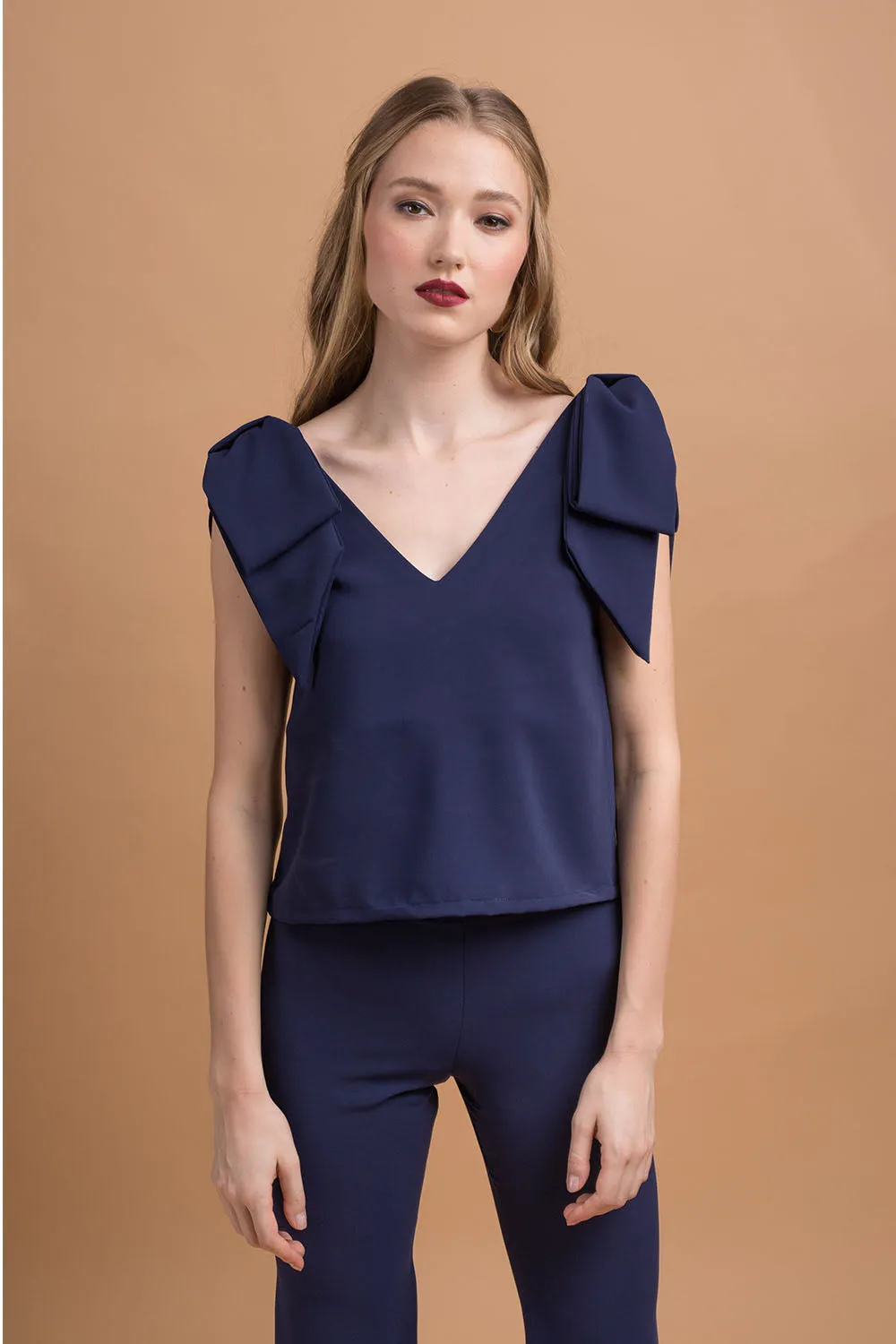 BUENA SET Bow Top with V Neckline and Flared High Waist Pant (Midnight Blue Crepe)