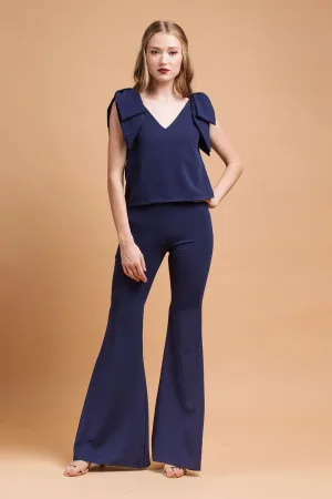 BUENA SET Bow Top with V Neckline and Flared High Waist Pant (Midnight Blue Crepe)