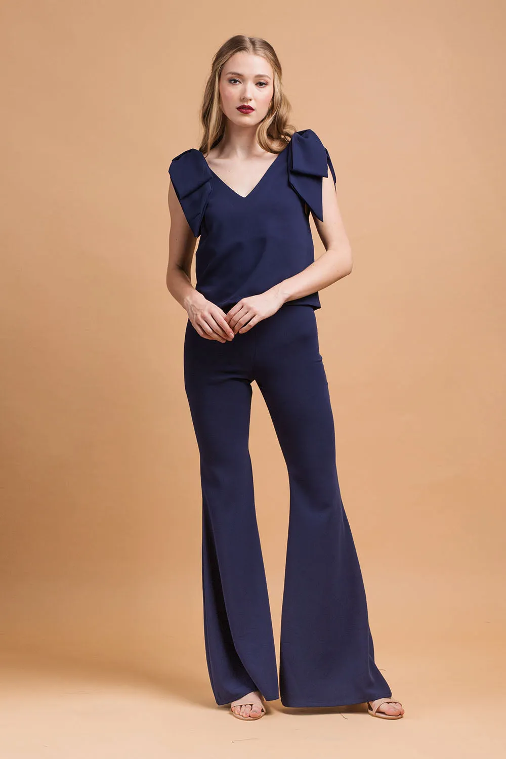 BUENA SET Bow Top with V Neckline and Flared High Waist Pant (Midnight Blue Crepe)