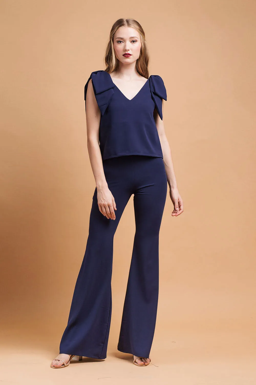 BUENA SET Bow Top with V Neckline and Flared High Waist Pant (Midnight Blue Crepe)