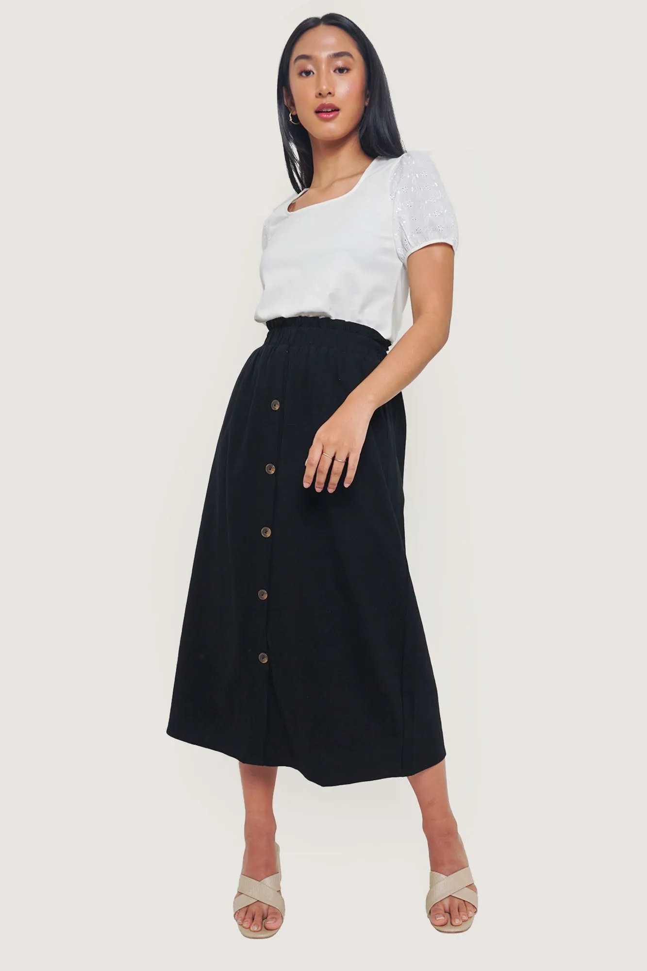 Button Front Paper Bag Midi Skirt