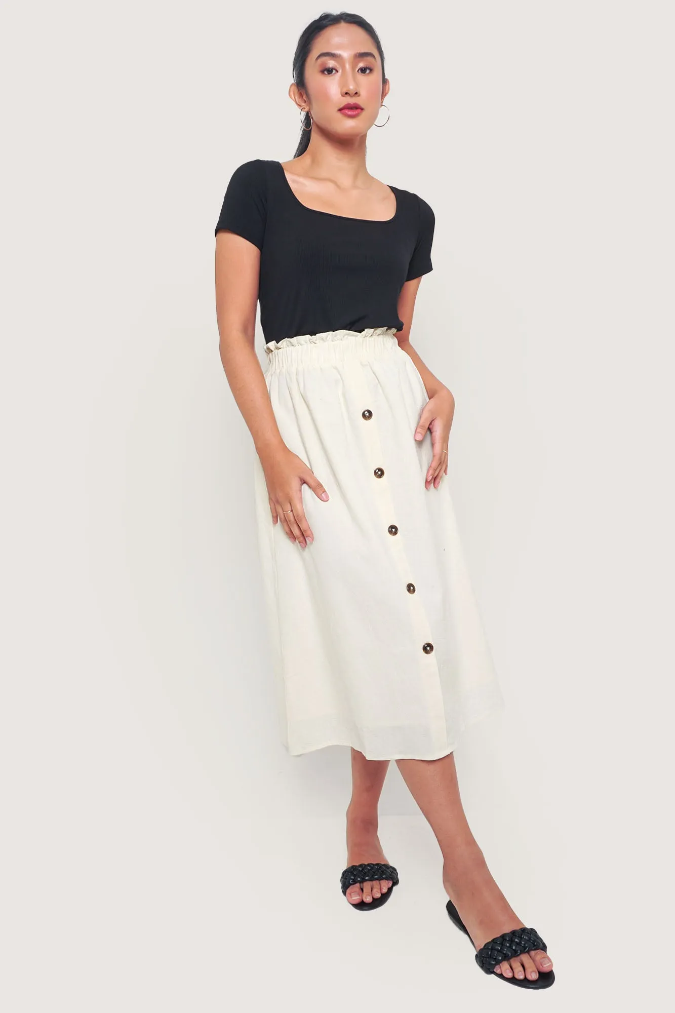 Button Front Paper Bag Midi Skirt
