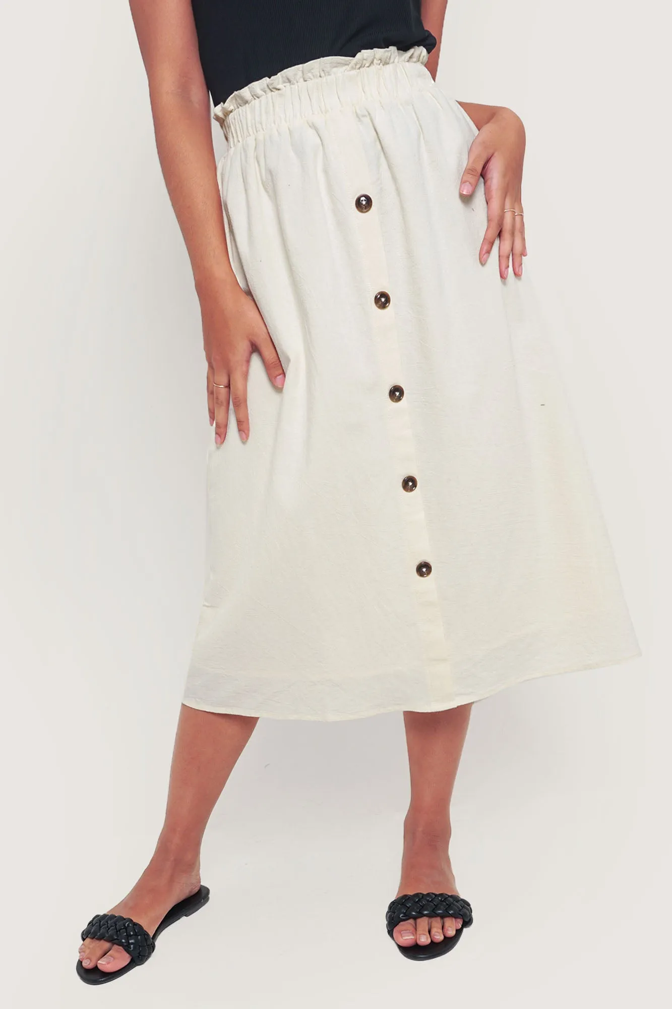 Button Front Paper Bag Midi Skirt