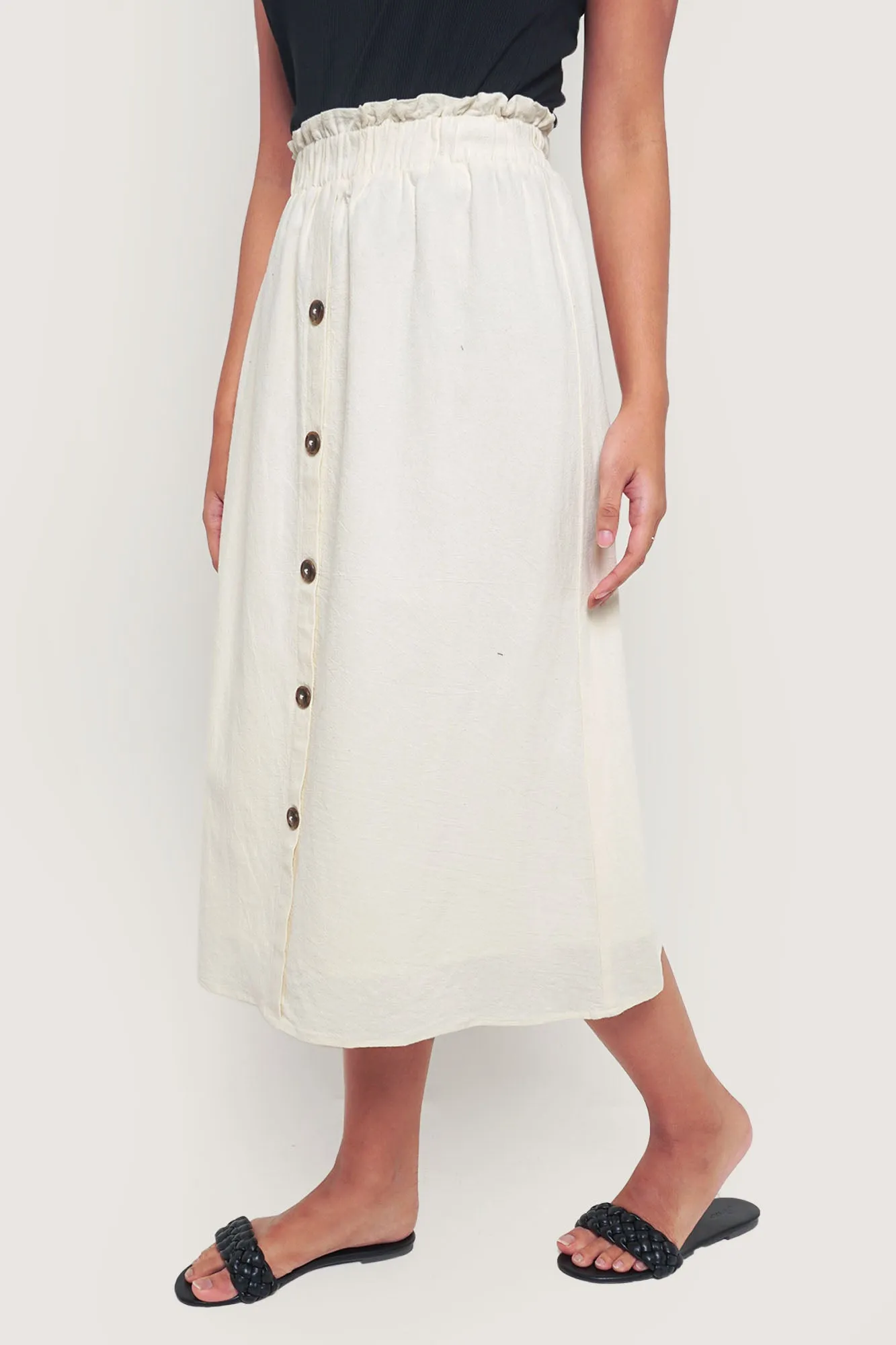 Button Front Paper Bag Midi Skirt