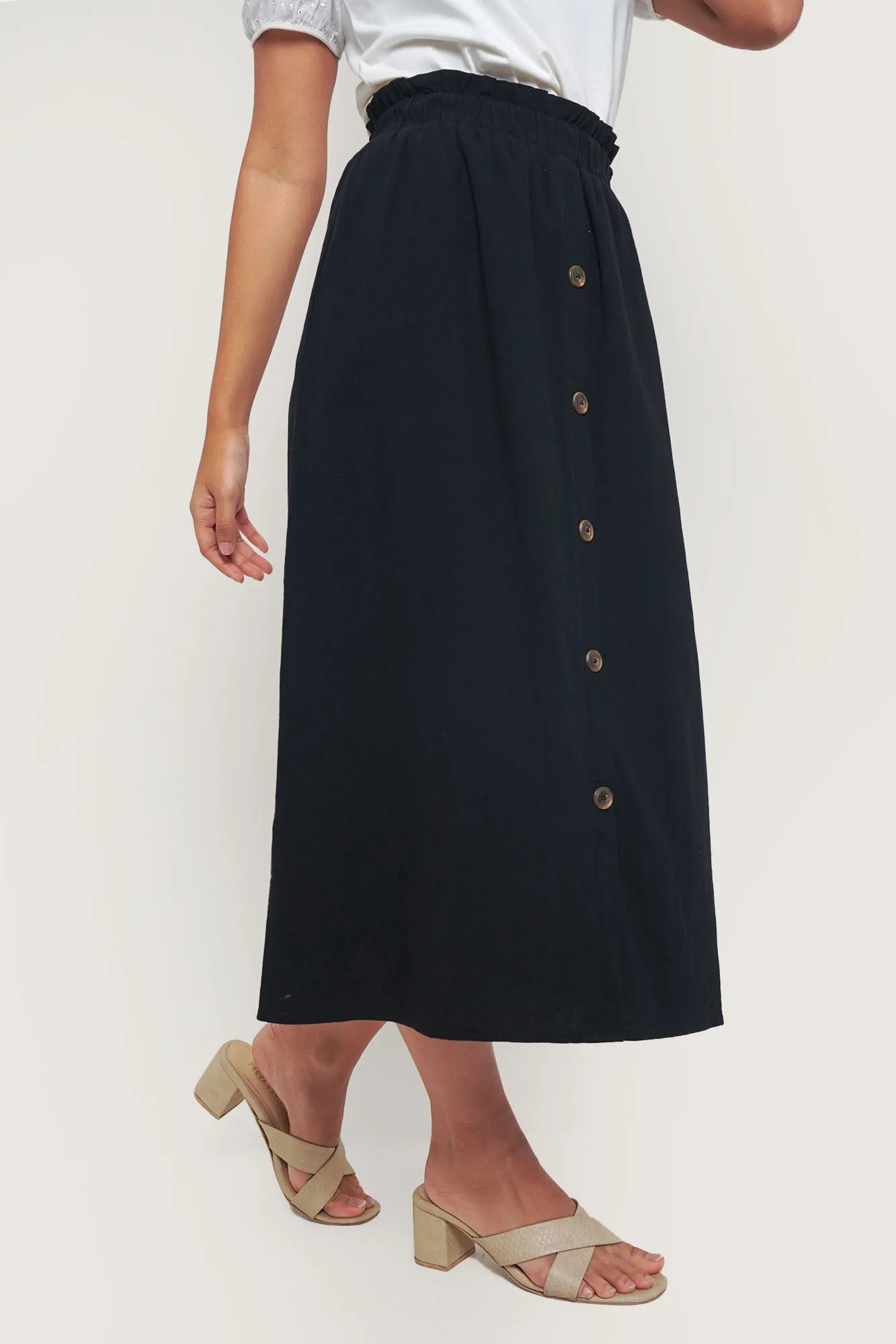 Button Front Paper Bag Midi Skirt