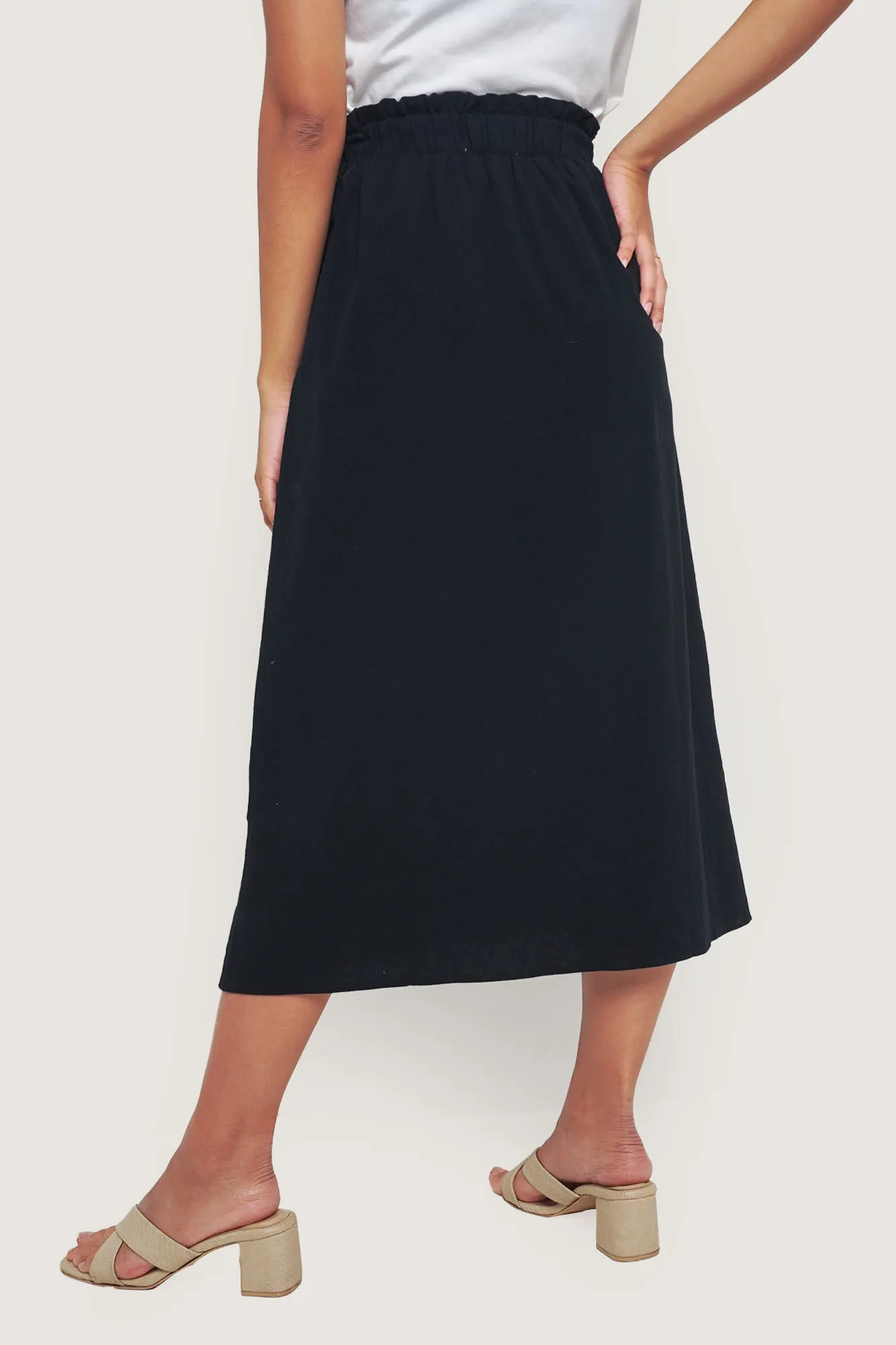 Button Front Paper Bag Midi Skirt