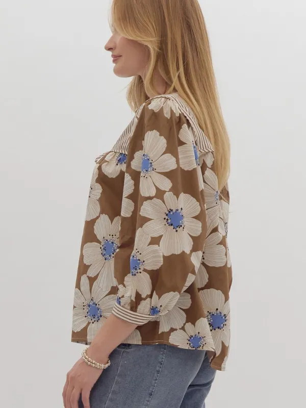Camel & Blue Floral Bow Top
