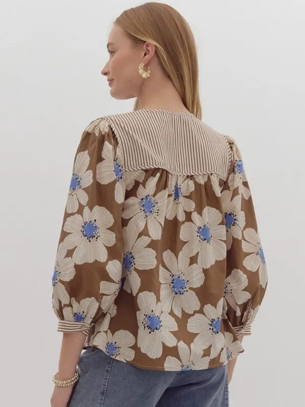 Camel & Blue Floral Bow Top