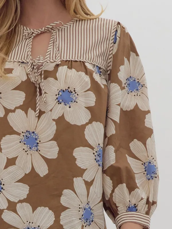 Camel & Blue Floral Bow Top