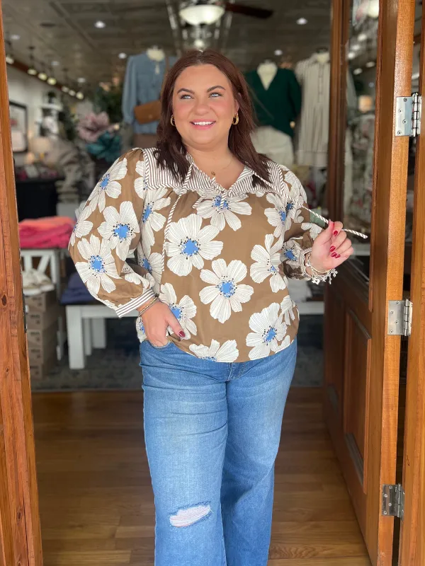 Camel & Blue Floral Bow Top