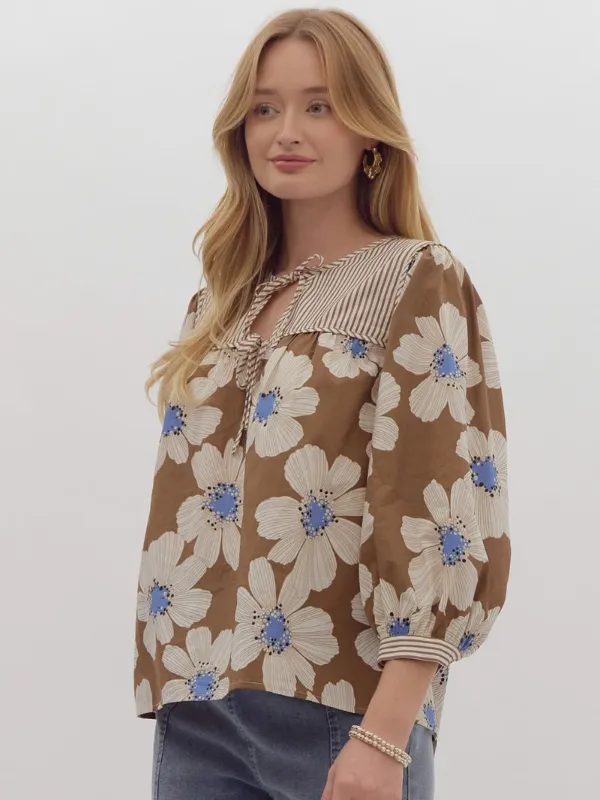 Camel & Blue Floral Bow Top