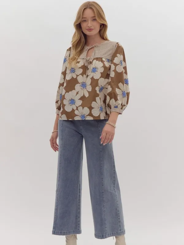 Camel & Blue Floral Bow Top