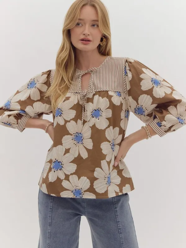 Camel & Blue Floral Bow Top