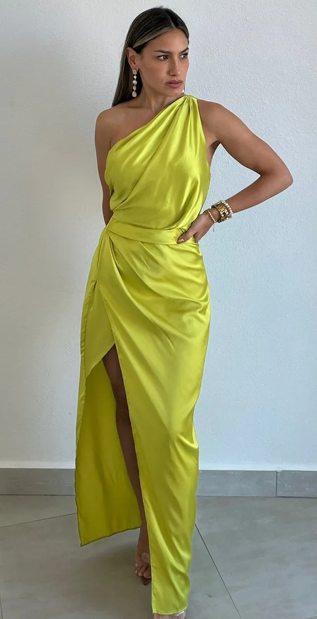 Caught Feelings Lime Satin Midi Dress