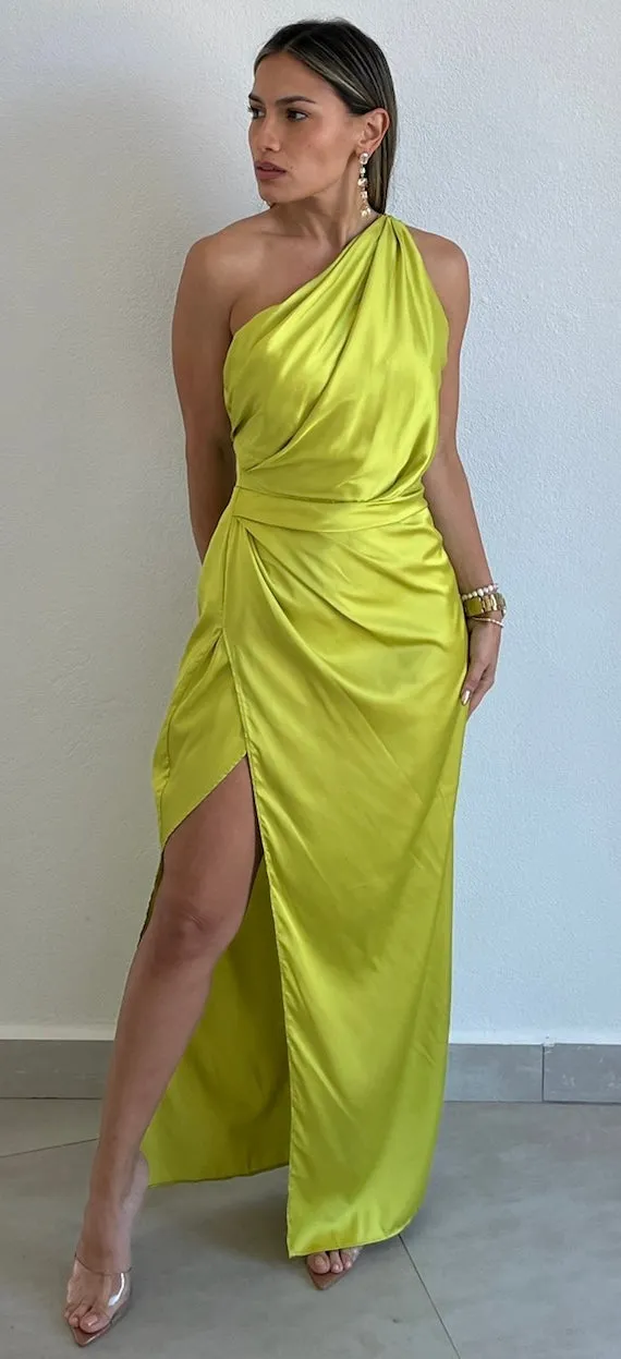 Caught Feelings Lime Satin Midi Dress