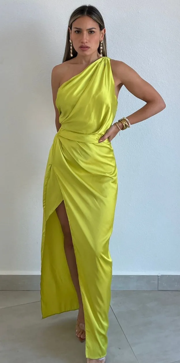 Caught Feelings Lime Satin Midi Dress