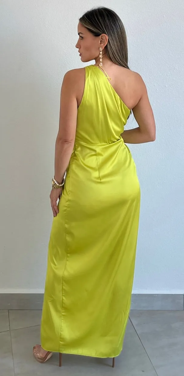 Caught Feelings Lime Satin Midi Dress