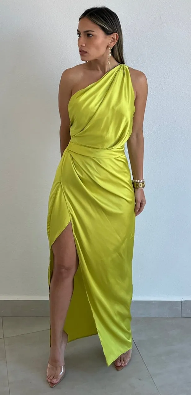 Caught Feelings Lime Satin Midi Dress
