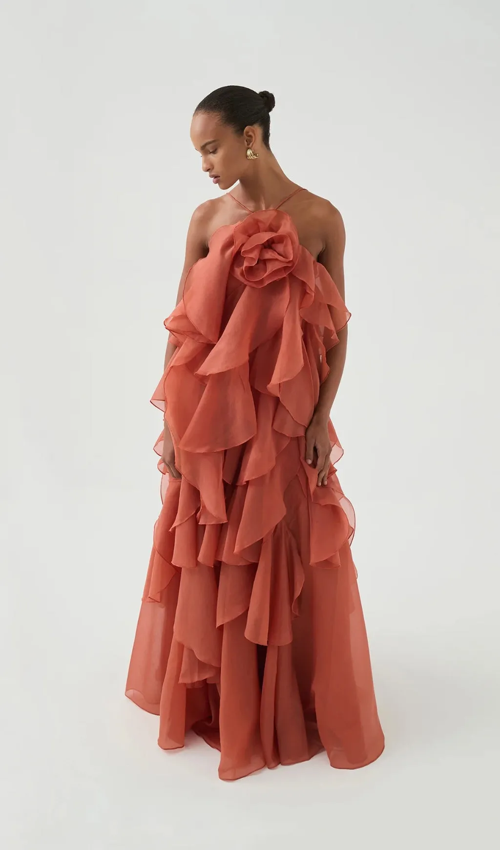 Caysie Halter Floral Ruffle Layered Maxi Dress in Orange