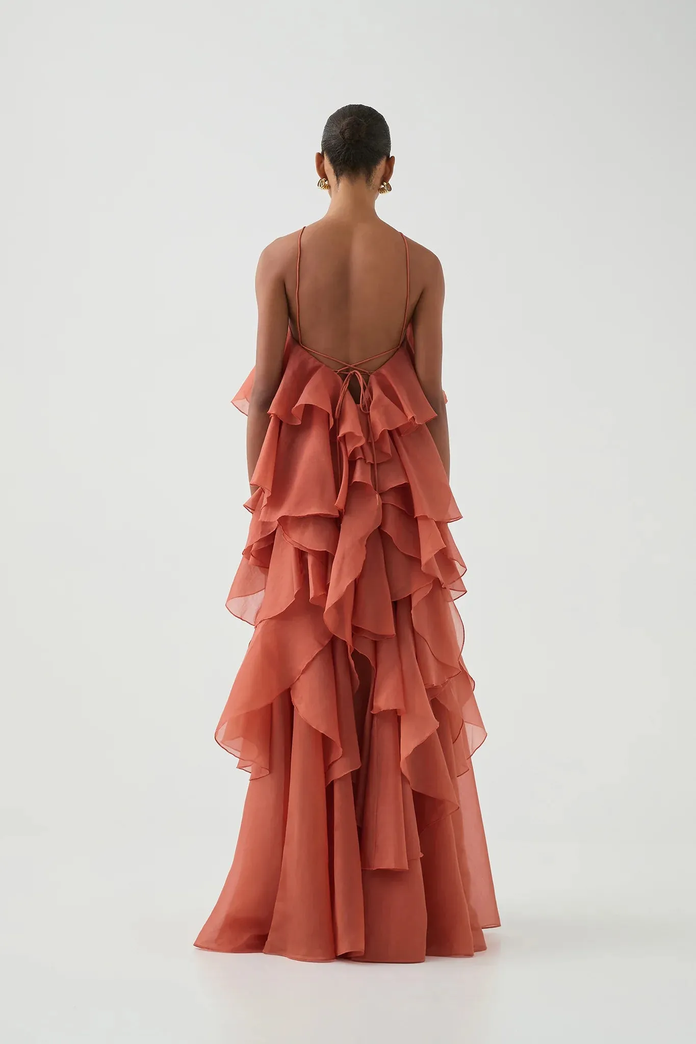 Caysie Halter Floral Ruffle Layered Maxi Dress in Orange