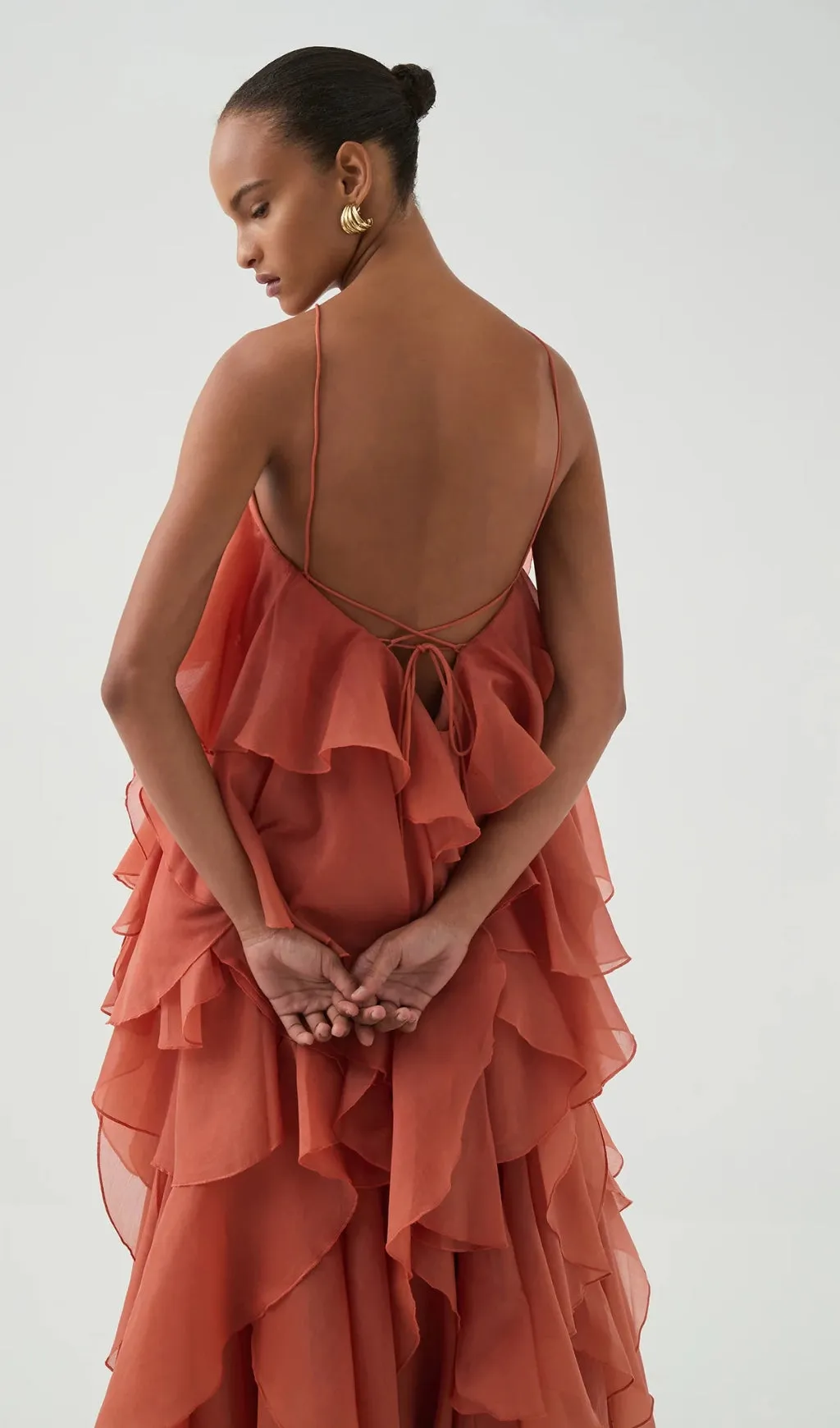Caysie Halter Floral Ruffle Layered Maxi Dress in Orange