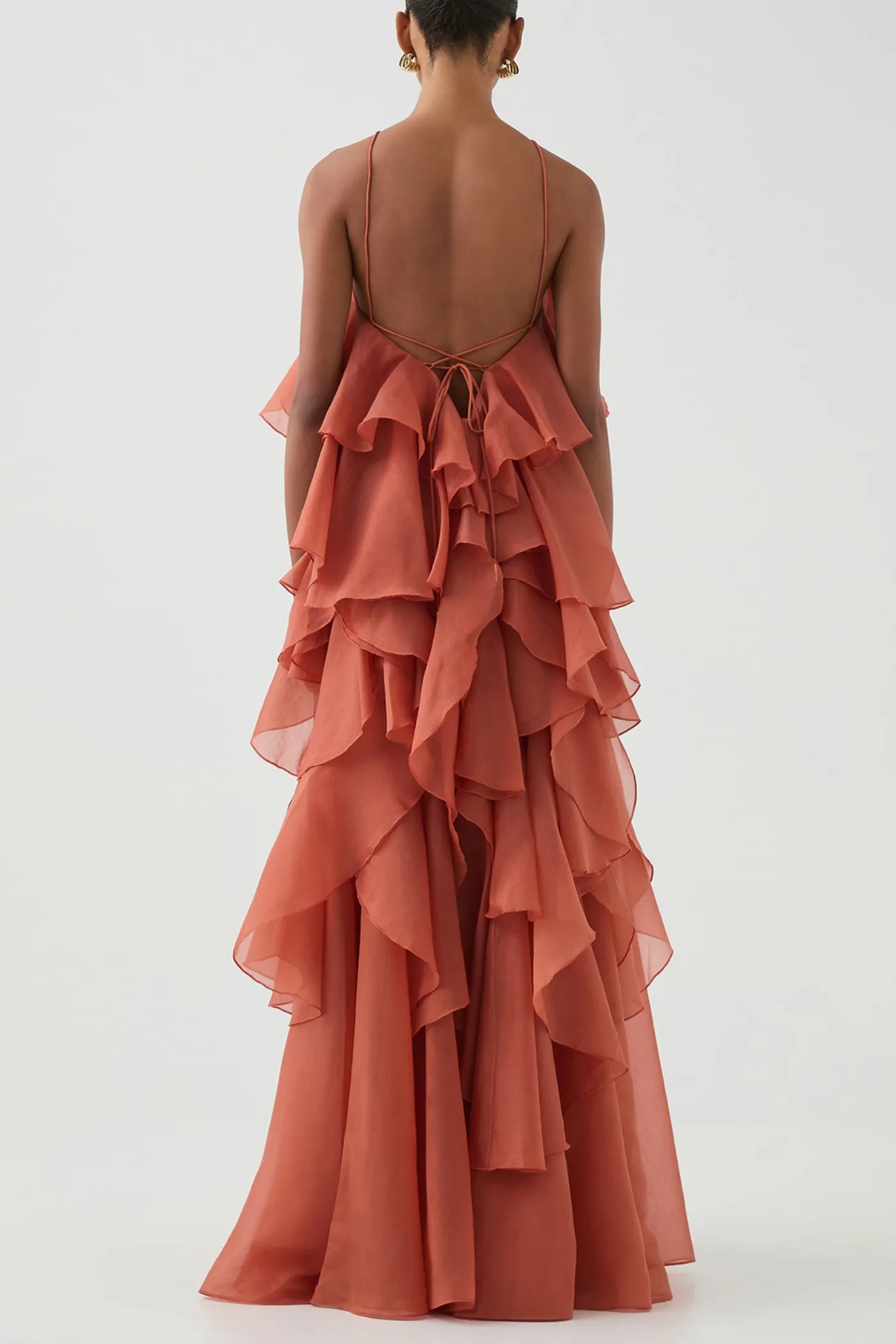 Caysie Halter Floral Ruffle Layered Maxi Dress in Orange