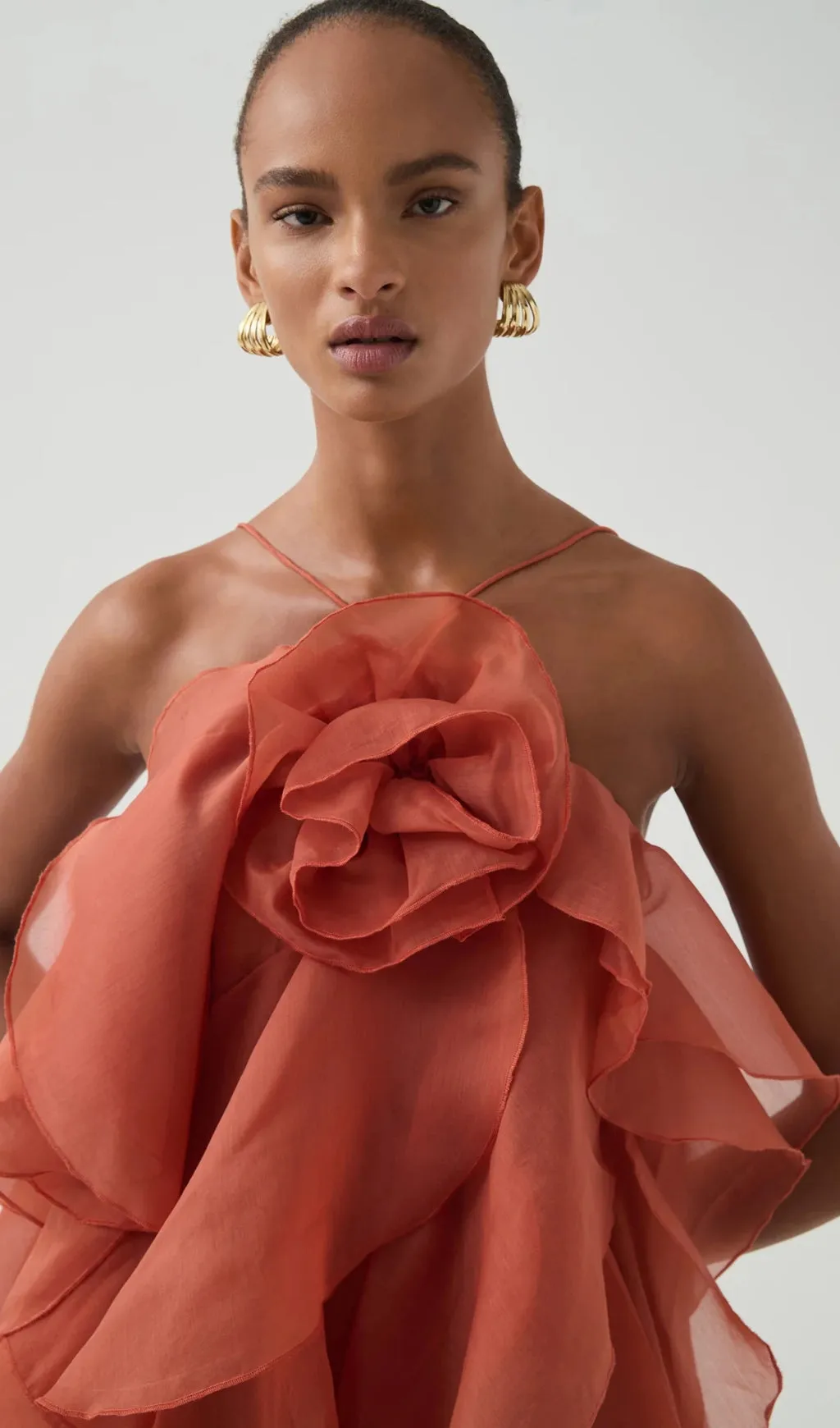 Caysie Halter Floral Ruffle Layered Maxi Dress in Orange