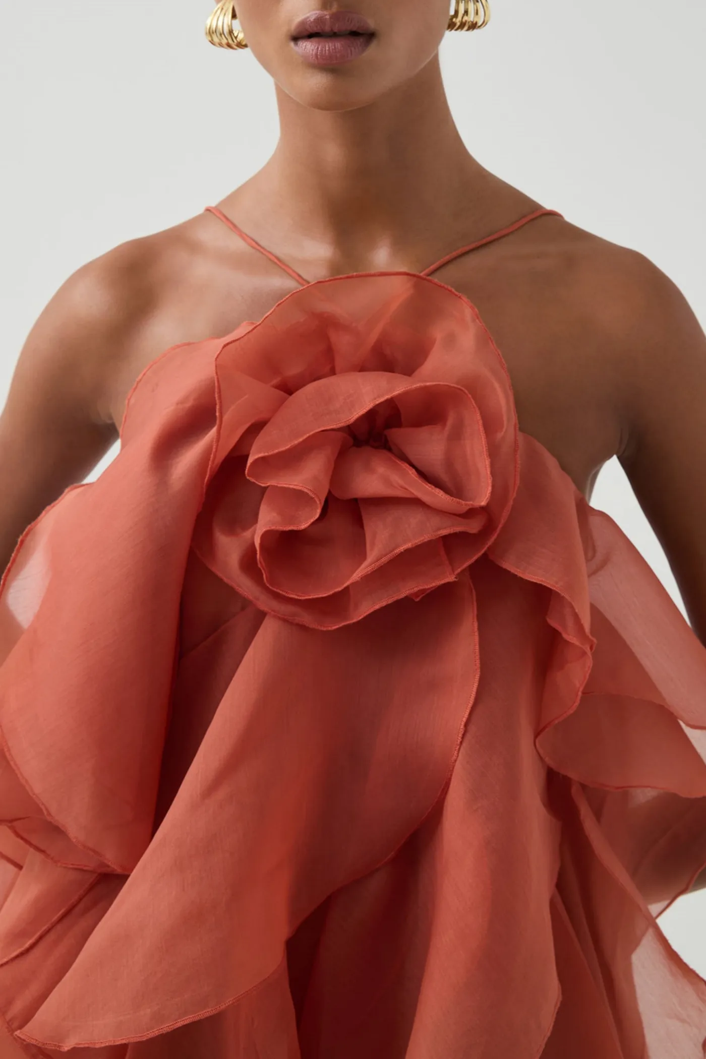 Caysie Halter Floral Ruffle Layered Maxi Dress in Orange