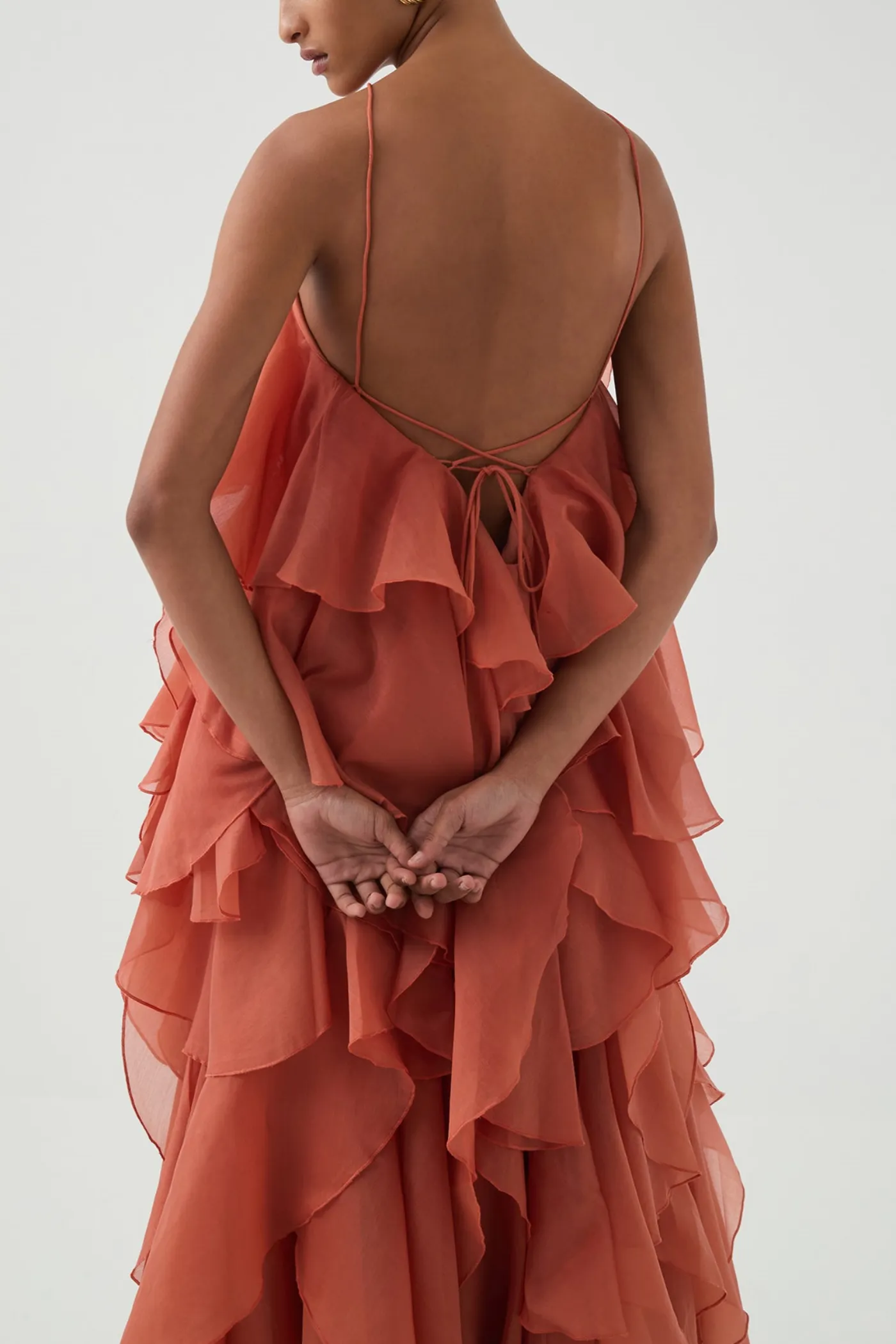 Caysie Halter Floral Ruffle Layered Maxi Dress in Orange